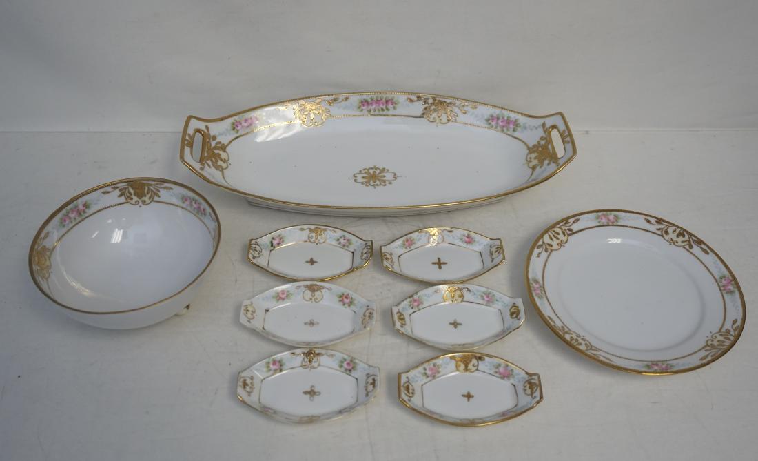 9 pc NIPPON CELERY - CONDIMENT: Pre 1921 9 piece Nippon celery set, featuring original hand painted Morimura Bros imported items, celery, 6 salts, footed condiment bowl and underplate. All are finished in gorgeous hand painted tea r
