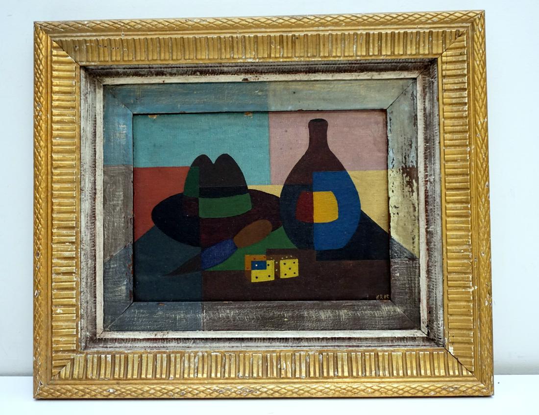MID 20th c. CUBIST OIL PAINTING: Mid 20th c. Cubist Oil on Board signed Kris. Dated on back 1953 and titled "Dice Night". Painting is in original painted frame and then set in gilt wood frame. In frame measures 20 1/2"x17 1/4"x1 3/4"