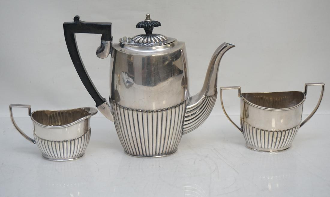 CHELTENHAM SHEFFIELD COFFEE SERVICE: Good quality 3 piece English Cheltenham Sheffield Silver Plate Edwardian Coffee Service. Coffee Pot, cream and sugar. No monograms. Coffee Pot 1/8, creamer 2 1/2" tall and sugar 3". Weight on all 1 pd