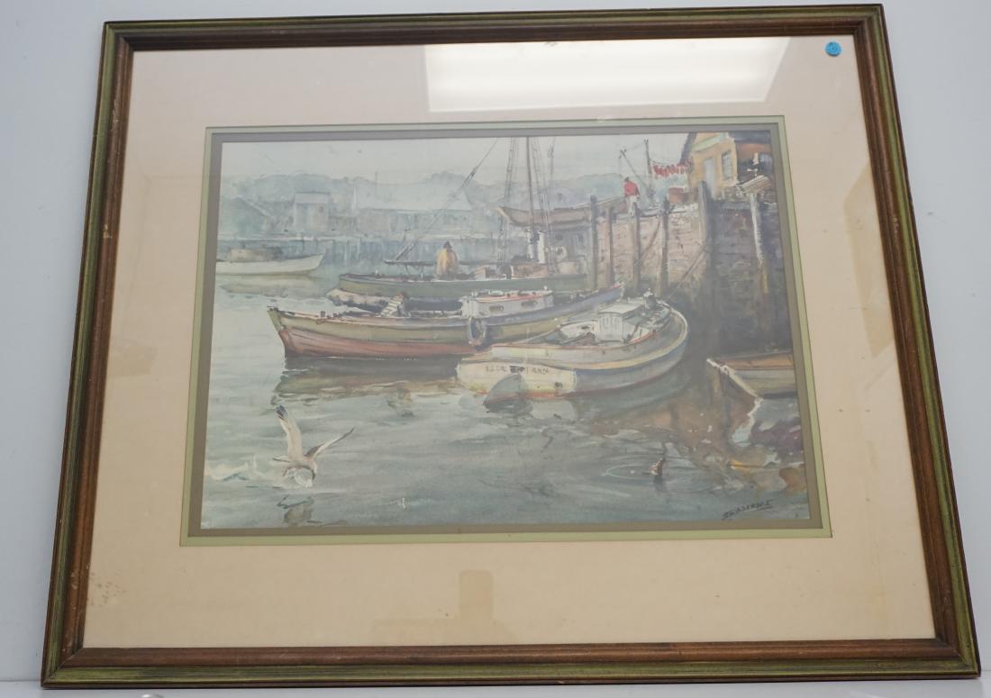 JAMES SESSIONS (1882-1962) NEW ENGLAND DOCKS: James Milton Sessions (1882-1962) New England Maritime Large Print. In frame measures 31 1/2"x38 1/2"x1". Weight 12 pds. PROVENANCE: A Charleston SC Estate. ***Pickup only or Shipping on furniture off