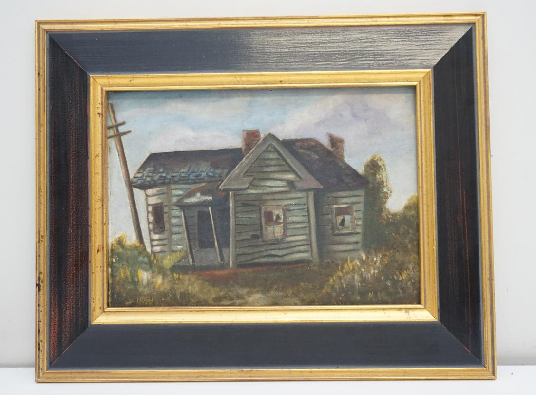 WPA ERA OIL ABANDONED HOUSE: Vintage early 1940s Oil on Artist Board of a Abandoned Home. Signed lower left. In gilt wood frame. Measures 20"x16"x1". Weight 2 pds 9 oz. PROVENANCE: A Private Charleston SC Estate.