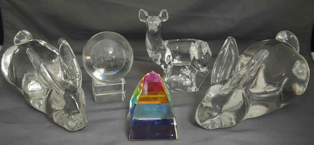 5 pc CRYSTAL / GLASS ORREFORS + SWAROVSKI: 1- Vintage Orrefors Swedish Crystal Deer and Fawn Sculpture, with original label 4" tall. 2&3- Pair Vintage Silvestri Sitting Rabbit Heavy Glass Bookends, each 6" tall. 4- Millennium 2000 Paperweight 