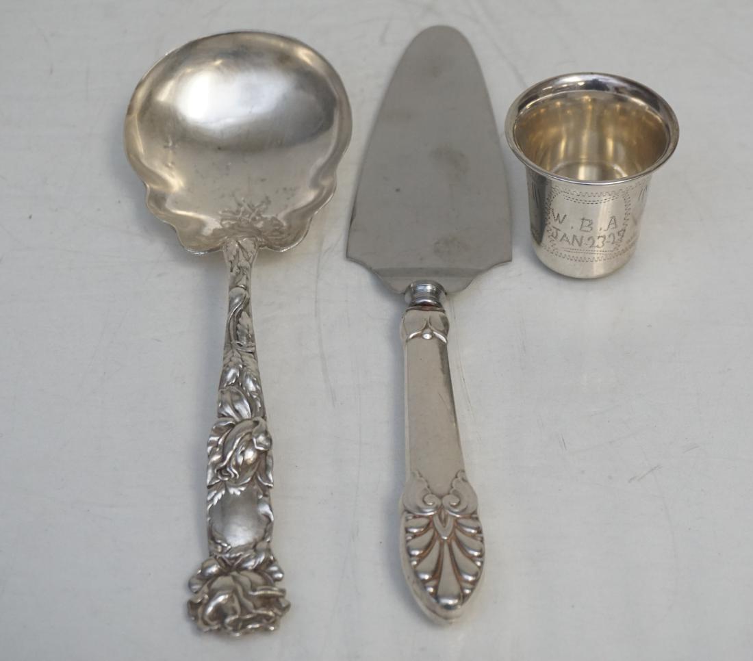 3 pc STERLING KIDDUSH CUP - CAKE - SPOON: 1- 1927 Sterling Silver Kiddush Cup 2". 2- Sterling Silver Handle Cake / Pie Server 10 1/4". 3- Sterling Silver Rose Casserole Spoon 9". Weight on all including cake w stainless blade 7.9 oz. PROVENAN