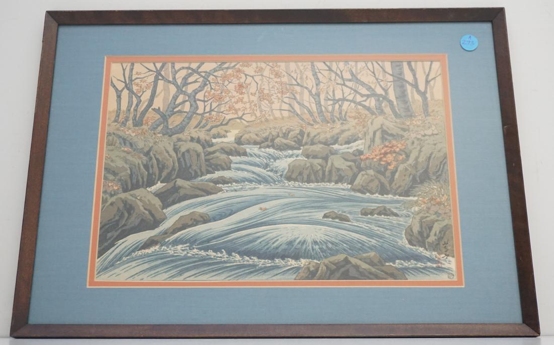 TAKASHI ITO WOODBLOCK OKURISE: Takashi Ito Woodblock "Okuirise in Late Autumn". Ito Takashi, like Kawase Hasui and Shotei was one of the stable of landscape artists who designed prints for the shin hanga publisher Watanabe Shozabur