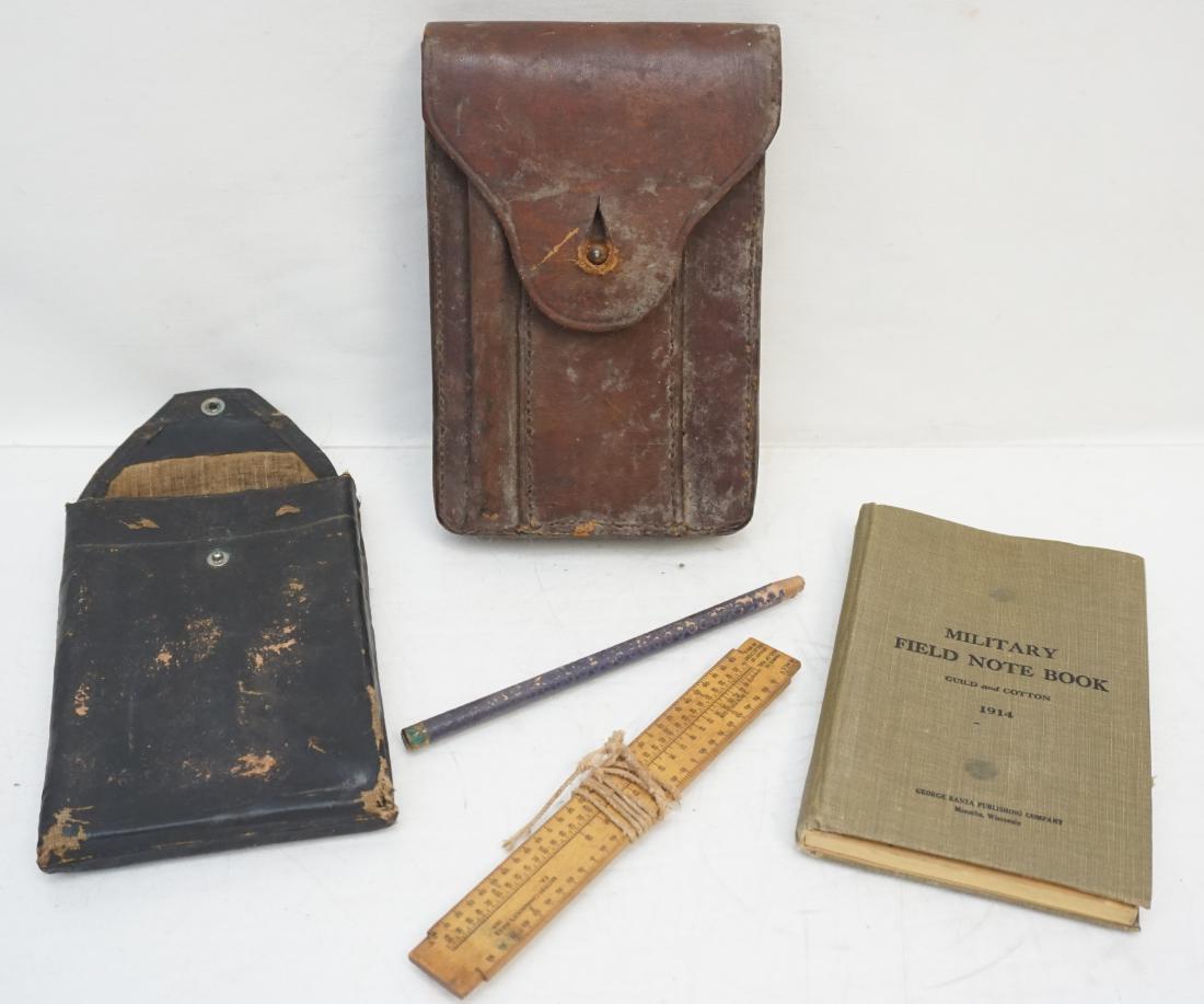 1914 1ST ED MILITARY FIELD NOTEBOOK FULL COLONEL: 1914 Military Field Note Book and its leather case for belt and oilcloth insert, with ruler and pencil, that was the property of Full Colonel Raymond Marsh, West Point Class of 1915. The Book was by L