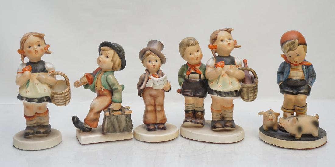 5 VINTAGE HUMMEL FIGURINES: All are older Hummels. 1- Hummel 5.75" Farm Boy # 66. 2- Hummel Figurine #49 "To Market" Boy, Girl, 5 1/2" tall. 3- Hummel Figurine 11/0 Merry Wanderer 5" tall. 4- M.I. Hummel Sister Girl with Basket