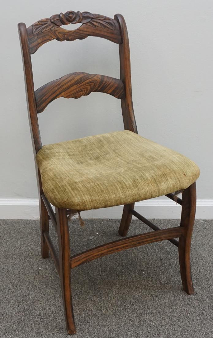 VICTORIAN ZEBRA WOOD SIDE CHAIR: Antique Victorian Zebra Wood Side Chair. Perfect for a small desk or vanity. Measures 17"x16 3/5"x32". PROVENANCE: A Sullivans Island SC Private Estate. ****Pickup only or Shipping on furniture offere