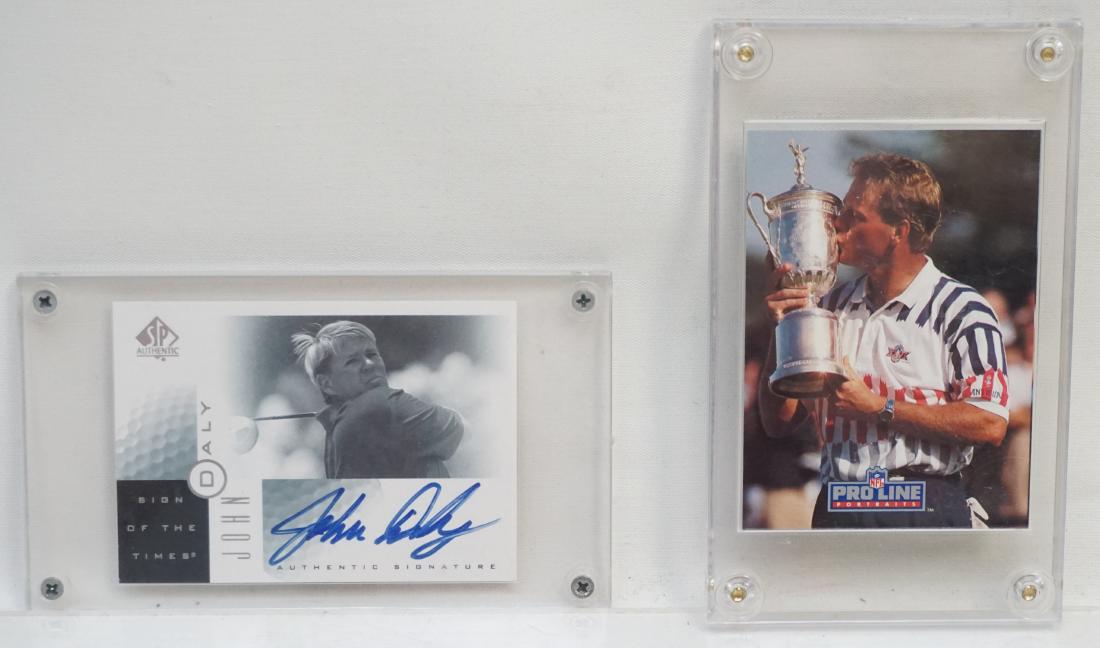 JOHN DALY + PAYNE STEWART AUTGRAPHED CARDS: 1-2001 Upper Deck SP Authentic John Daly Autographed Card. In Plexiglass Case. 2- Payne Stewart Pro Line Portraits Autographed Card. In Plexiglass Case. Weight 5.3 oz. PROVENANCE: A Private Charleston