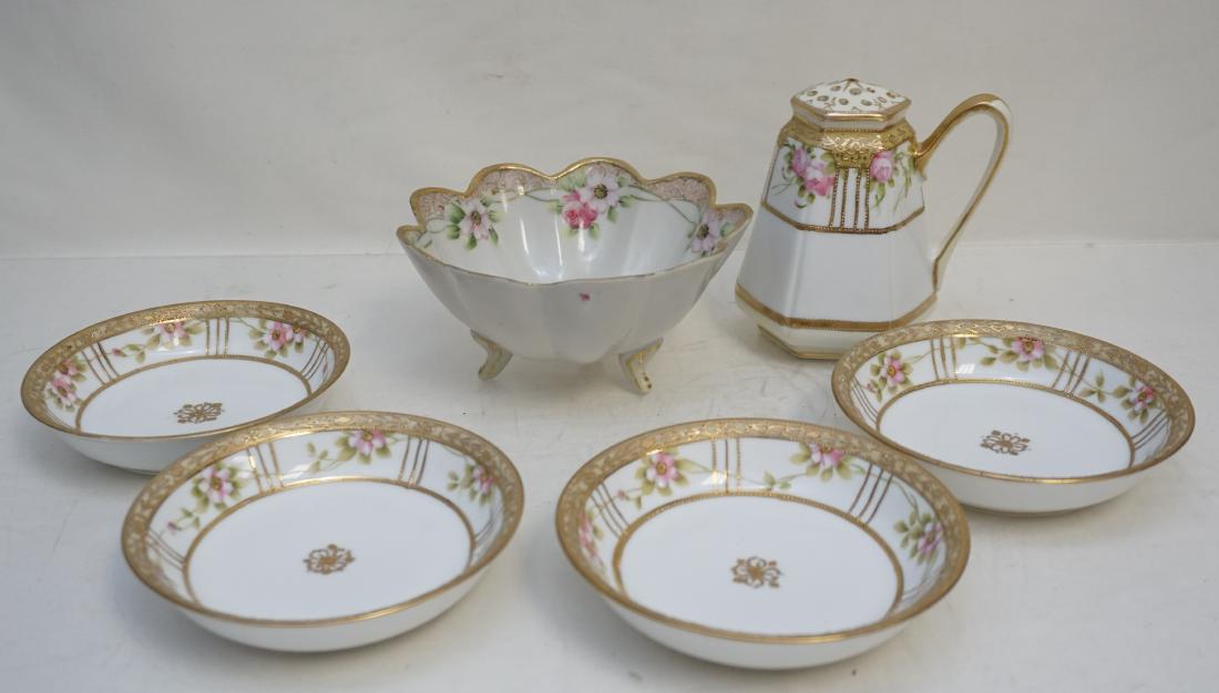 6 pc. NORITAKE BERRY BOWLS-SUGAR SHAKER: Hand Painted Roses with enameled gilt footed bowl 6"x6"x2 3/4", 4 Berry Bowl 5 1/4"x5 1/4"x1 1/4", Muffineer / Sugar Shaker 4 1/2". "M in Wreath”, M stands for Morimura Bros. (importers). Mark used 