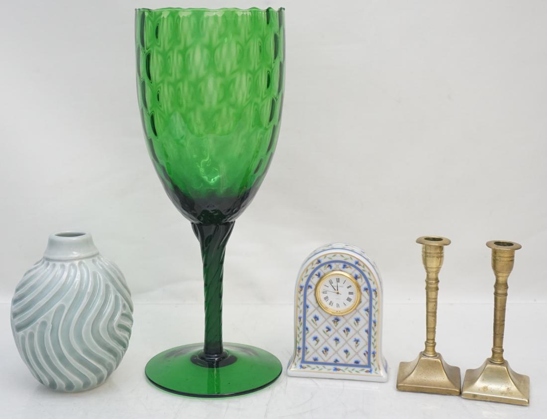 LOT LIMOGES - GLASS - BRASS +: 1- Haviland Limoges Porcelain Quartz Clock Val De Loire (Blue Band). 3"x1 1/4"x3 3/4". 2- 2 Small Brass Candlesticks, each 4 14". 3- Celadon Bud Vase 4 1/4". 4- Large green glass goblet 11". tall. Wei