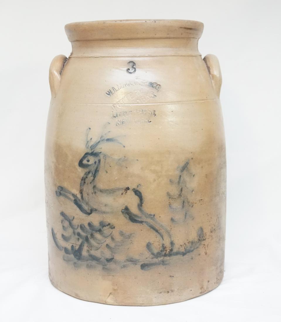 W A MACQUOID CROCK c 1870: Fine Three Gallon Stoneware Jar with Cobalt Deer Decoration, Stamped "W A MACQUOID & CO / POTTERY WORKS / LITTLE WST 12TH ST N.Y.", circa 1870, cylindrical jar with tooled shoulder, flared rim, and ap