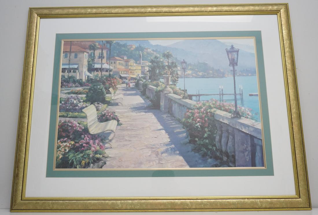 BELLAGIO PROMENADE HOWARD BEHRENS: Large "Bellagio Promenade" by Howard Behrens (1933-2014) is a Hand Embellished Giclee with a crackled vecchia finish. Professionally framed and matted. Measures in frame 32"x52"x1". Weight 15 pds. PRO