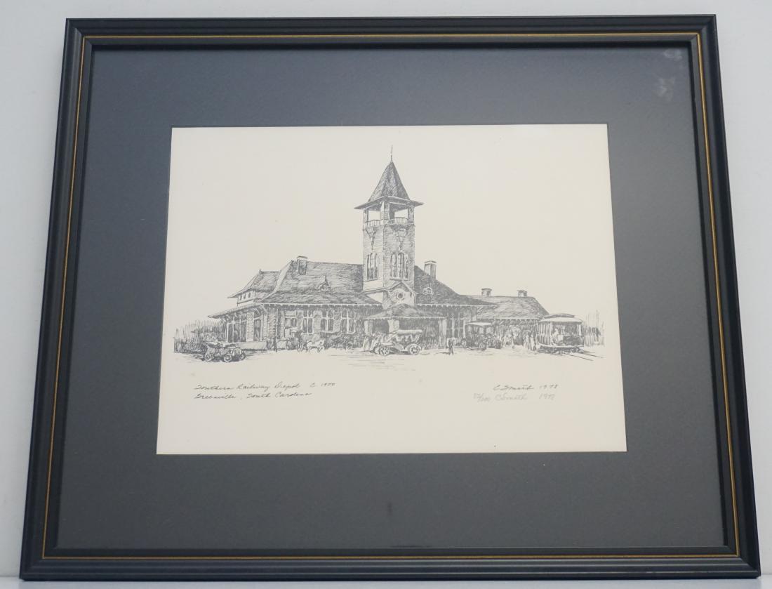 SOUTHERN RAILWAY DEPOT GREENVILLE SC: Vintge Etching 1978 by C. Smith Southern Railway Depot c. 1900 in Greenville SC. Professionally framed and matted. Measures 19"x16"x 1/2". Weight 3 pds. PROVENANCE: A Private Charleston, SC Estate