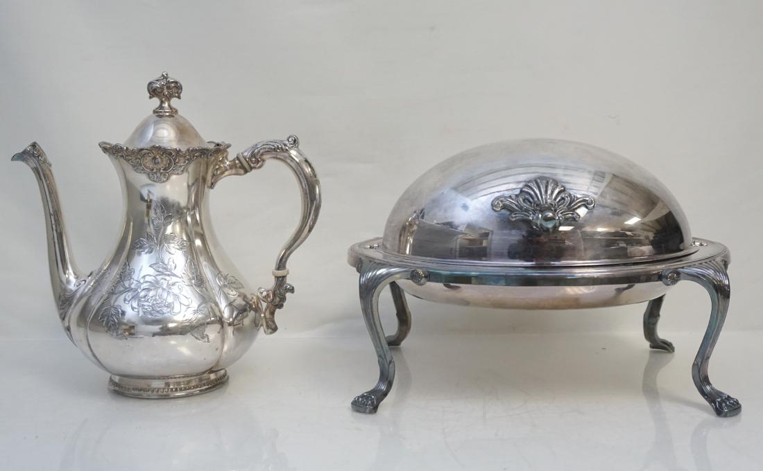 2 pc VINTAGE SILVERPLATE WARMER + COFFEE: 1- Antique Meriden Quadruple Plate Coffee Pot 5079. Floral etched 9"x5 1/2"x9 1/2". 2- F.B. Rogers Silver Plate Roll Top Buffet Server / Warmer 12"x8"x8". Weight on all 6 psds 7 oz. PROVENANCE: A Priv