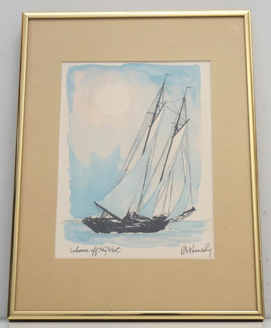 ROBERT EDWARD KENNEDY SCHOONER PRINT: Framed and matted Vintage "Schooner off Key West" Signed Print by Robert Edward Kennedy. From the Hyannis Port Gallery. In frame 9"x12"x1". Weight 2 pds. Robert Edward Kennedy received his formal art