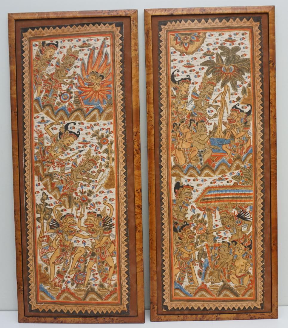 2PC BALINESE PAINTING ON FABRIC: 2 pc Vintage Balinese Painting on cotton. Finely Painted Dancers. Natural inks on cotton canvas. Mounted to suede panel. In custom burl wood frame. Measures 14"x35"x1/2"/ Weight 2 pds 6 oz. PROVENANCE