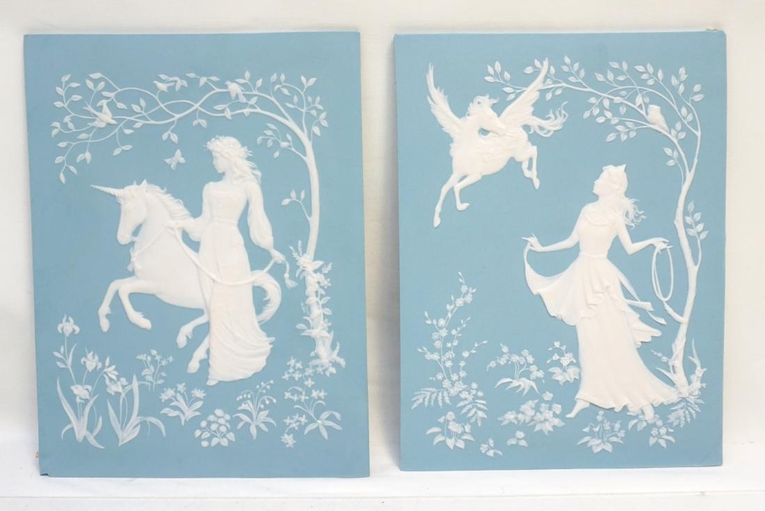 2 FRANKLIN MINT JASPERWARE PLAQUES: Pair of Blue and white Parian porcelain jasperware plaques designed by George McMonigle for the Franklin Mint. Includes, The Lady and the Unicorn, 1986, Athena and Pegasus, 1990.