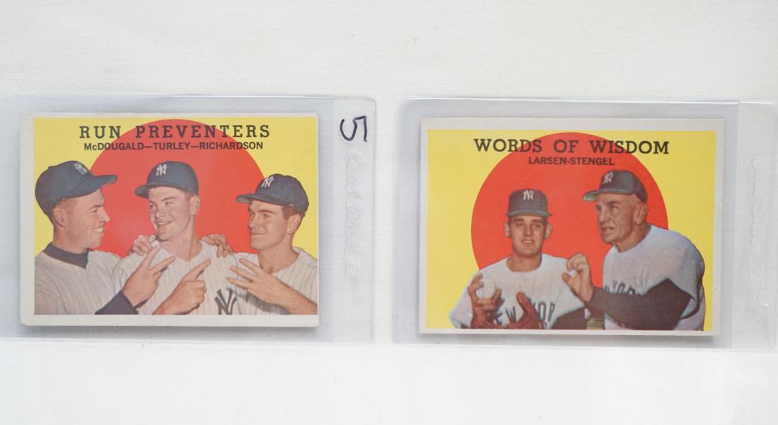 2 TOPPS 1959 RUN PREVENTERS +: 1959 Topps #237 - Gil McDougald / Bob Turley / Bobby Richardson Run Preventers and 1959 Topps #383 Casey Stengel / Don Larson Words of Wisdom. Both in excellent condition. Both in sleeves. PROVENANCE:
