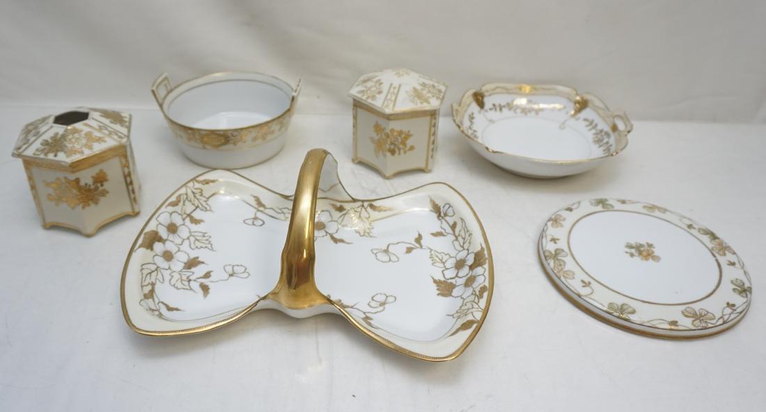 7 pc VINTAGE NIPPON PORCELAIN: All are vintage with hand painted gold enameling. 1- Nippon Handled Tray Basket Gold Gilt with blue maple leaf Van Patten’s #52. 10 1/4". 2- Square handled dish with blue maple leaf Van Patten’s #