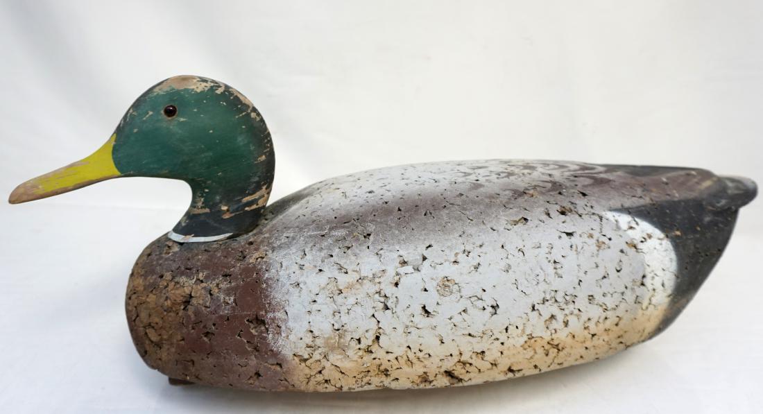 LARGE VINTAGE L.L. BEAN MALLARD DECOY: Vintage 1950-60s L.L. Bean Large Hand Carved Cork and Wood Hand Painted Mallard Coastal Decoy. Glass eyes. 21"x8 1/2"x9". Decoys have been an L.L.Bean tradition since 1936, and they are still handcraf