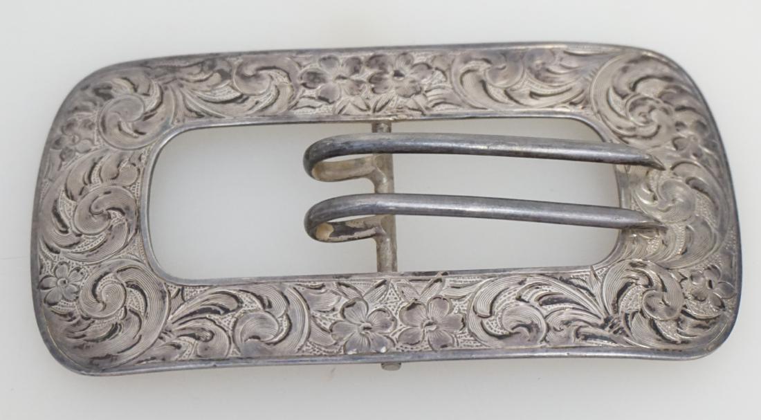 VICTORIAN LARGE STERLING SILVER SASH BUCKLE: Large Victorian Sterling Silver Sash Buckle. Floral and Scroll Etched. 45 grams. 3 3/4"x2". PROVENANCE: A Private Charleston SC Estate.