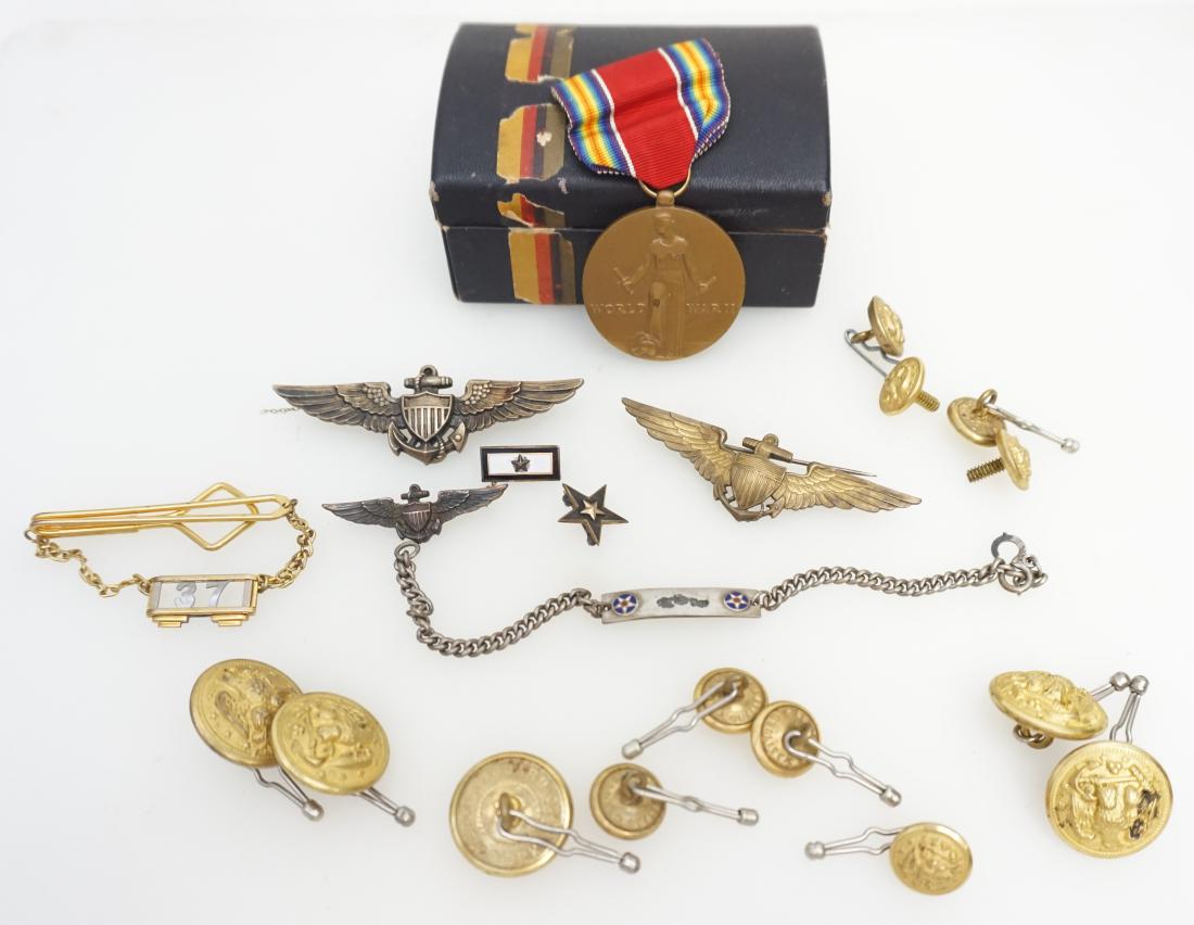 20 pc WORLD WAR II PILOT LOT: 1- WWll US Navy Naval Aviator Pilot Wings Sterling Silver Gold Fill. Back is inscribed Ensign A, W. Felix, Commissioned July 31, 1942. 2 3/4". 2- WWll US Navy Naval Aviator Pilot Wings 10k Gold Fill 2