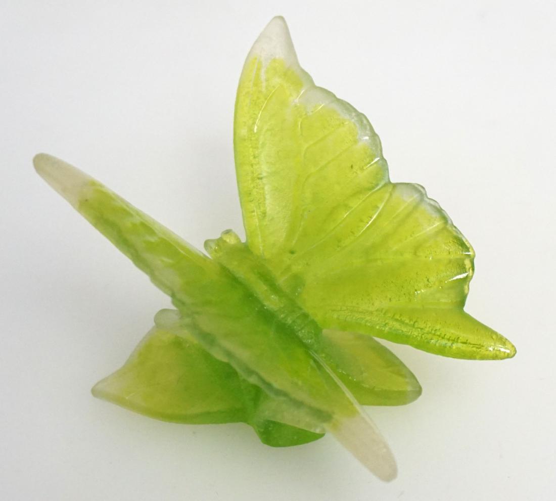 DAUM CRYSTAL BUTTERFLY: Daum France Art Glass Papillon Vert Nature Green Butterfly Figurine 02472-3. The ancient glassmaking technique used to make this butterfly, dates back to 5,000 B.C., it involves melting many fragments