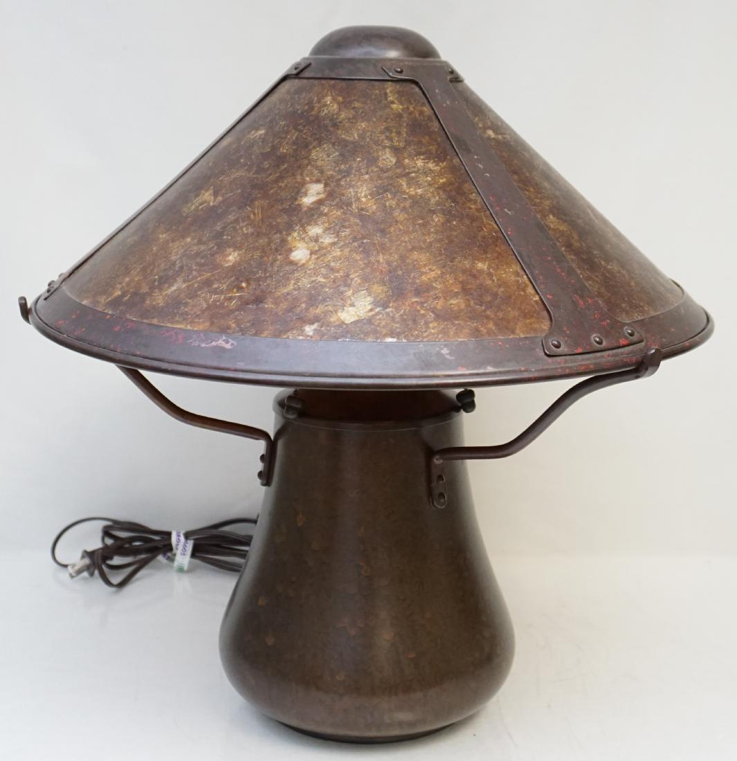 THE MICA LAMP COMPANY BEANPOT LAMP: The Mica Lamp Company Solid Copper Beanpot Lamp with Mica Shade. Measures 15 1/2"x 15 1/2"x15. Weight 7 pds 12 oz. PROVENANCE: A Private Charleston SC Estate. Dirk Van Erp was the master coppersmith o