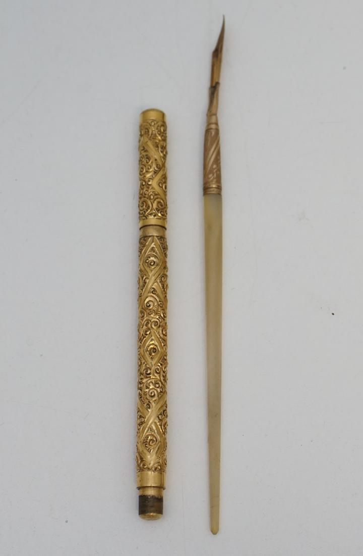 MABIE TODD BARD SWAN PEN: Mabie, Todd & Bard, The Swan Pen, a rolled gold overlay eyedropper fountain pen, circa 1900, with engraved scroll and foliate decoration throughout, the barrel with a vacant reserve. In addition there