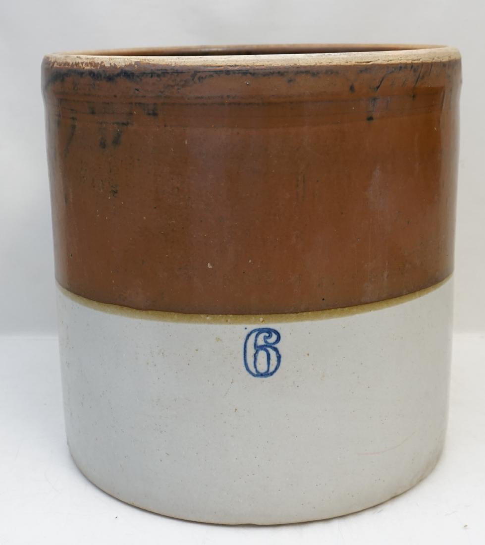 SALT GLAZED 6 GALLON CROCK: Vintage / Antique Large Salt Glazed 6 Gallon Pickling Crock. Brown and Cream Glazed. Measures 13"x13"x13". PROVENANCE: A Private Charleston SC Estate. ***Pickup only or Shipping on furniture offered t