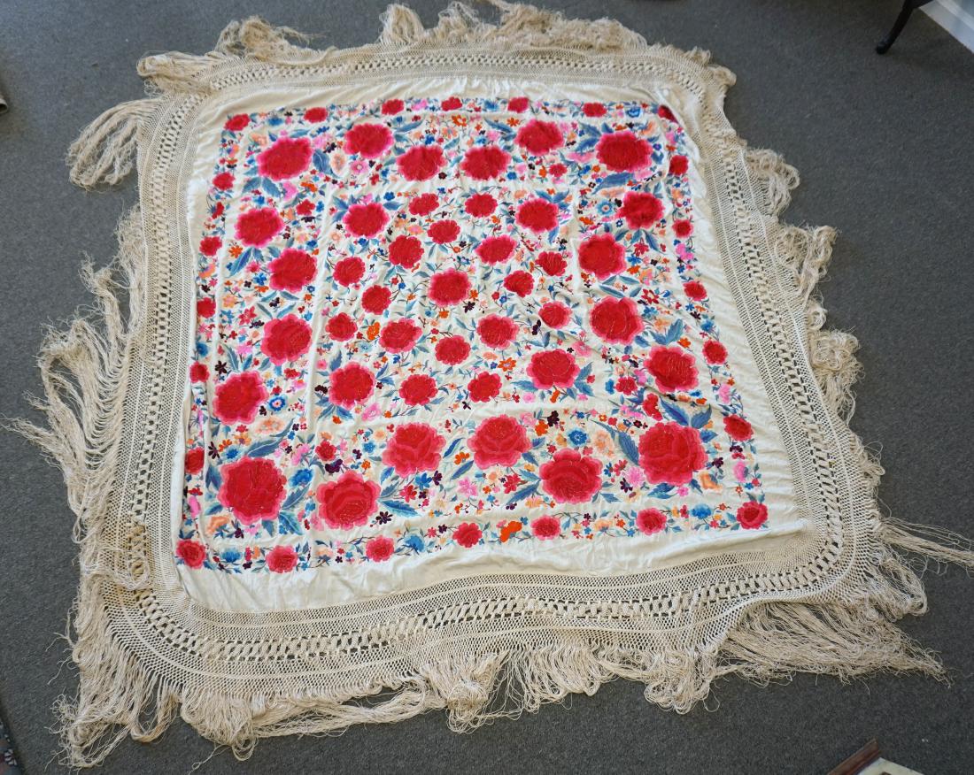 EMBROIDERED MANTON DE MANILA - PIANO SHAWL: Antique Embroidered Silk Piano Shawl - Manton de Manila With Hand Knotted Fringe. Often used by Flamenco Dancers. This one dates to c. 1910-20s. Red Floral and Cream. Measures 55"x55" without the frin