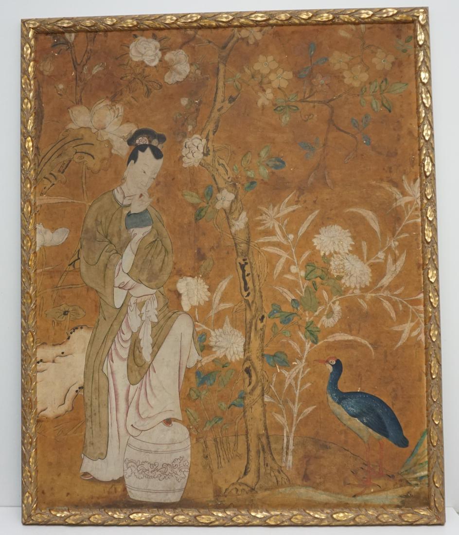 19th c. CHINESE WALLPAPER PANEL: Early 19th Century Chinese Hand Painted Wallpaper Panel. Maiden in garden with flowering tree and bird. Mounted to board and professionally framed in gilt wood frame. Measures 40"x50"x 1/1/2". Weight