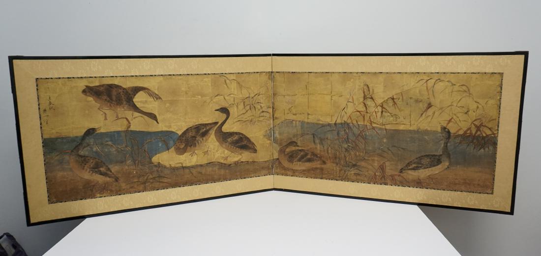 18th c ORIGINAL HANAFUSA-ICHO: Hanafusa Icho 2 Panel Hand Painted Screen from the Tokugawa period, c. 1750. Each panel on rice paper with gold field depicts\ing ducks with rushes. The painting is signed by the artist on the left pa