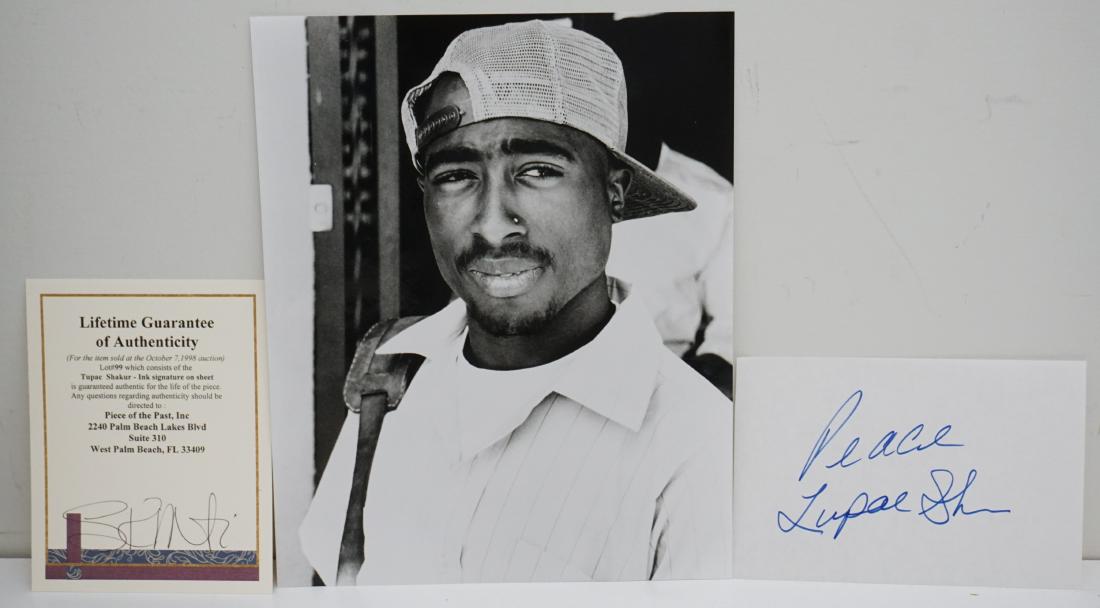 TUPAC SHAKUR AUTOGRAPH W PHOTO: Sought-after felt tip signature, "Peace Tupac Shakur,” on an white 5 x 3 paper. With Black and White 8"x10" Photograph. With COA from Piece of the Past. An ideal signature with a peaceful sentiment