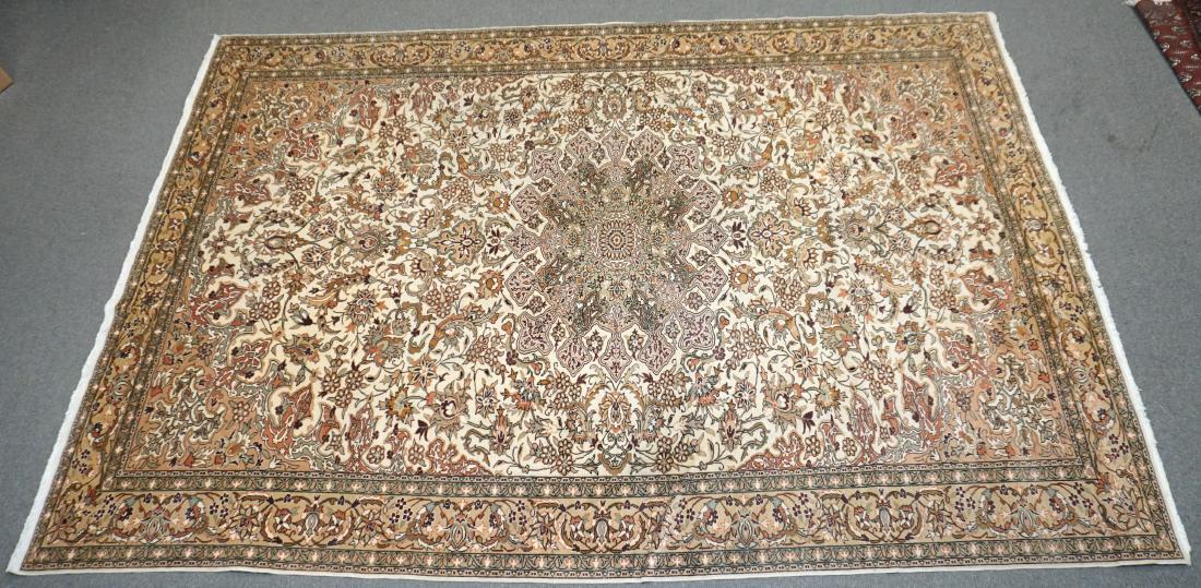 SEMI ANTIQUE 13 FT PERSIAN TABRIZ RUG: Semi Antique Large Persian Tabriz Hand Knotted Rug. Iran, 13 foot by 9 foot. A range of light and dark shades of brown and taupe contrasts on this antique rug with a creamy hue to create a complex pat