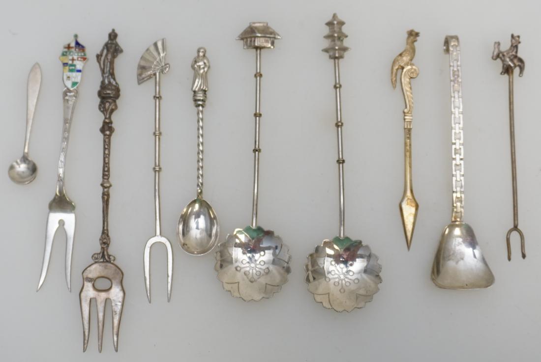 9 pc STERLING + 800 SILVER: 6 Sterling Silver and 3 Silverplated and 800 Silver Cocktail Picks and Spoons. Weight on Sterling 30 grams. PROVENANCE: A Private Charleston SC Estate.