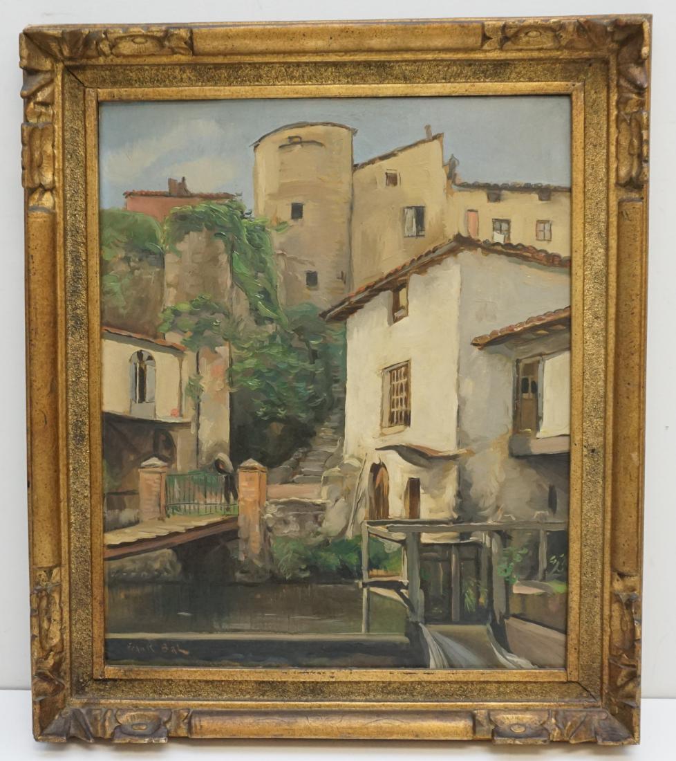 FRANK BAL (1876-1960) FRENCH OIL: Frank Bal (1876-1960) Oil on wood panel "Le vieux Courpière, Las Donnas, la tour des dames" painted in 1941. Signed lower right. Born in New Durham, New Jersey in 1876. Bal traveled to Paris as a you