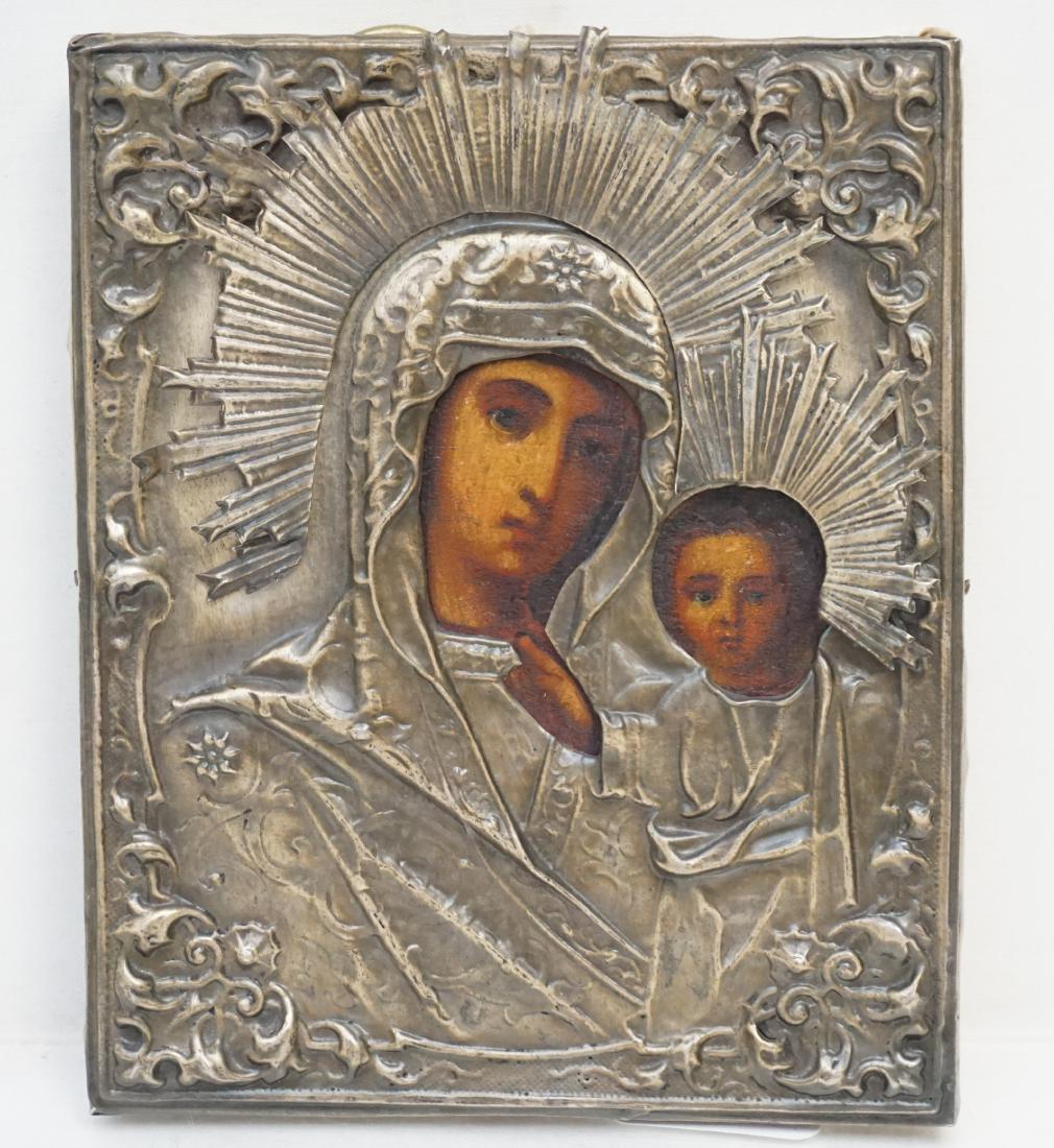 RUSSIAN ICON OF THE KAZAN - MOTHER OF GOD: Antique Russian Silver Oklad Icon of the Kazan. Egg tempera on wood. Our Lady of Kazan, also called Mother-of-God of Kazan, was a holy icon of the highest stature within the Russian Orthodox Church, r