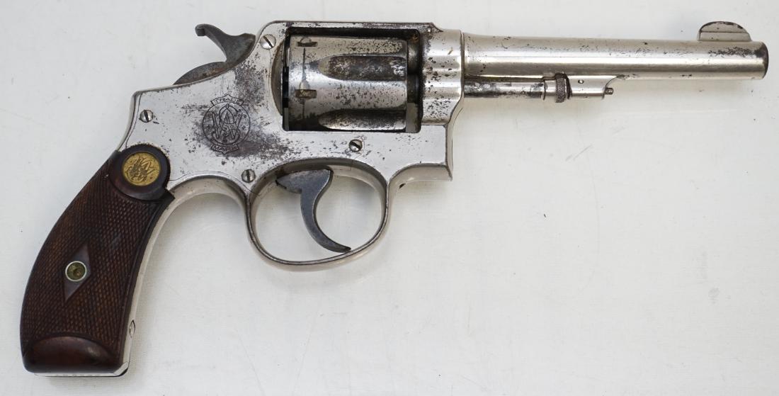 EARLY SMITH & WESSON 38 SPECIAL: Early Smith & Wesson Hand Ejector 38 Special Double Action Swing Out Cylinder Revolver. Round Butt, K Frame. Bore heavily pitted as are cylinders, out of time. Cowboy Gun, muzzle wear from holster. Sm