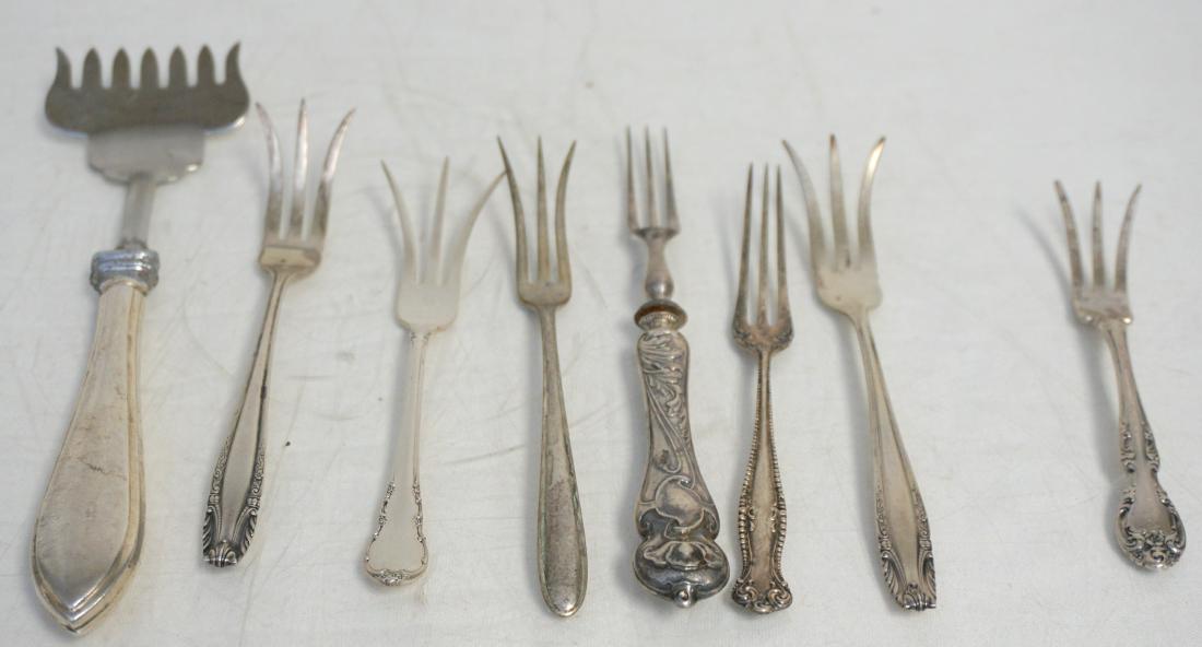 8 STERLING LEMON . OLIVE . SARDINE FORKS: Eight Vintage and Antique Sterling Lemon, Olive and Sardine Forks. The Sardine fork Handle only is sterling as is one olive fork. Makers include Wallace, Gorham, Towle, Lunt and the Sardine Fork by Fr