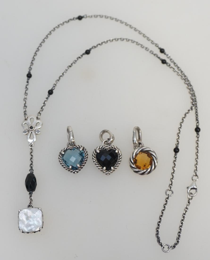 4 PC DAVID YURMAN GEMSTONE CHARMS + PANDORA NECKLACE: All in sterling, all in excellent condition. 1- David Yurman Cable with Center Stone Enhancer Round Citrine Charm Pendant. 2- David Yurman Cable with Center Stone Enhancer Heart Amethyst Charm Pendant