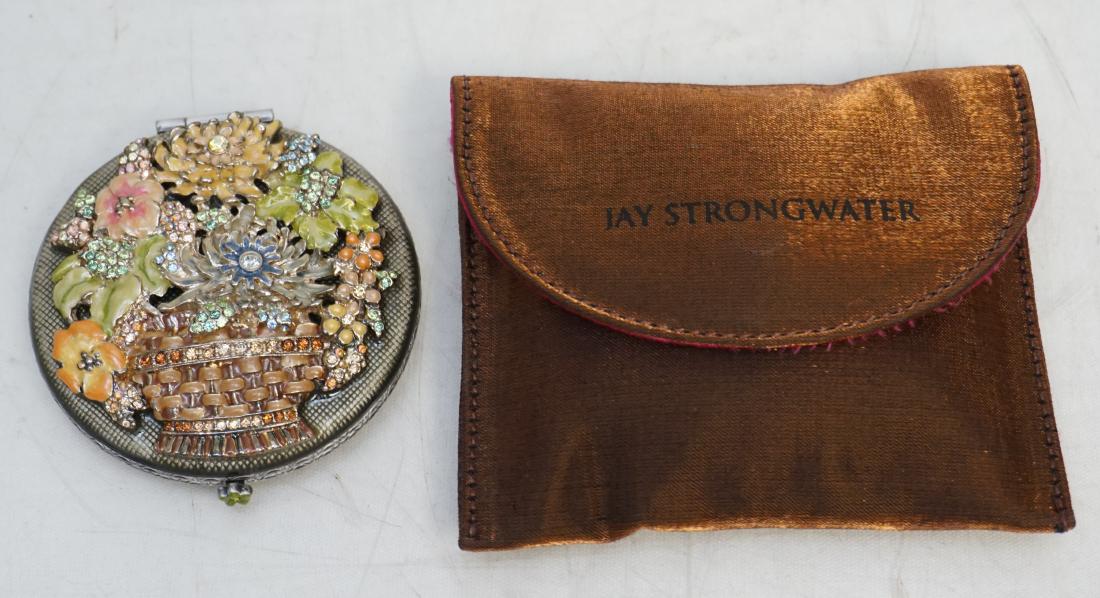 JAY STRONGWATER FLORAL MIRROR COMPACT: Jay Strongwater Swarovski Jeweled Double Mirror Compact. Floral Arrangement in Basket. In the original silk pouch with tag. Excellent condition. Weight 6 oz. PROVENANCE: A Private Charleston SC Estate