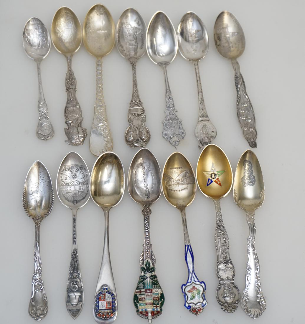 14 STERLING SILVER SOUVENIR SPOONS: 14 Antique and Vintage Sterling Silver Souvenir Spoons, some with enameling. Canada, Masons Washington, Las Vegas, Colorado, Philadelphia and more. Weight on all 350 grams. PROVENANCE: A Private Charl