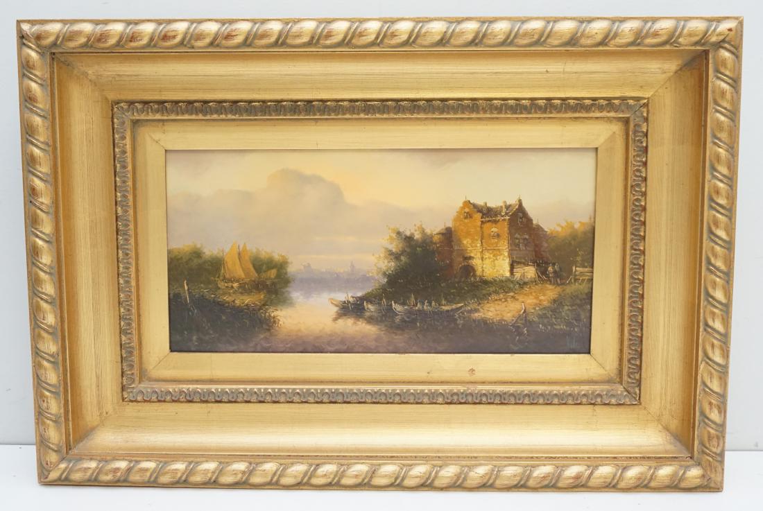 CONTINENTAL OIL ON PANEL DUTCH: Vintage 20th c. Continental Oil on Wood Panel Dutch School. Well done river scene with boats and house, city in distance. Signed Vita lower right. In gilded wood frame. In frame measures 16 1/2"x26"x2