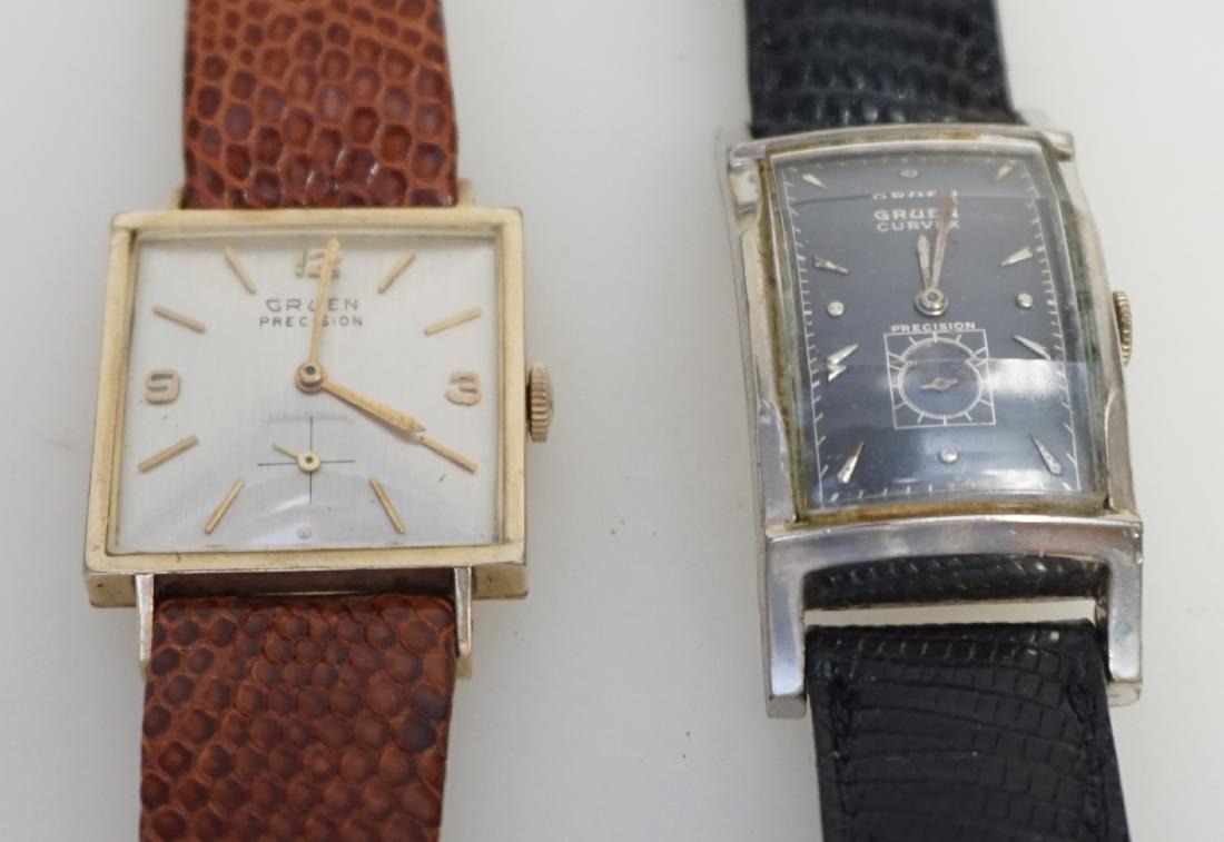 2PC GRUEN 10KT GOLD FILLED WRIST WATCHES: 1- Vintage 10k Gold Filled Gruen Curvex. 2 - Vintage 10k Gold Filled Gruen Precision Square. Neither watch is running, both overwound. Weight 2.1 oz. PROVENANCE: A Private Charleston SC Estate.