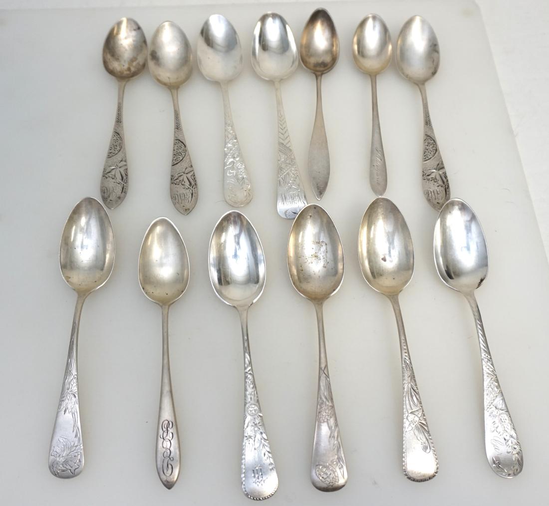 13 ANTIQUE AMERICAN STERLING SILVER SPOONS: 12 American Sterling Silver Teaspoons & 1 Coin Silver Teaspoon . 10 are Brite Cut. Makers include William Wilson & Son, Philadelphia, Gorham, Towle. Some monogrammed. Weight on all 260 grams. PROVENAN