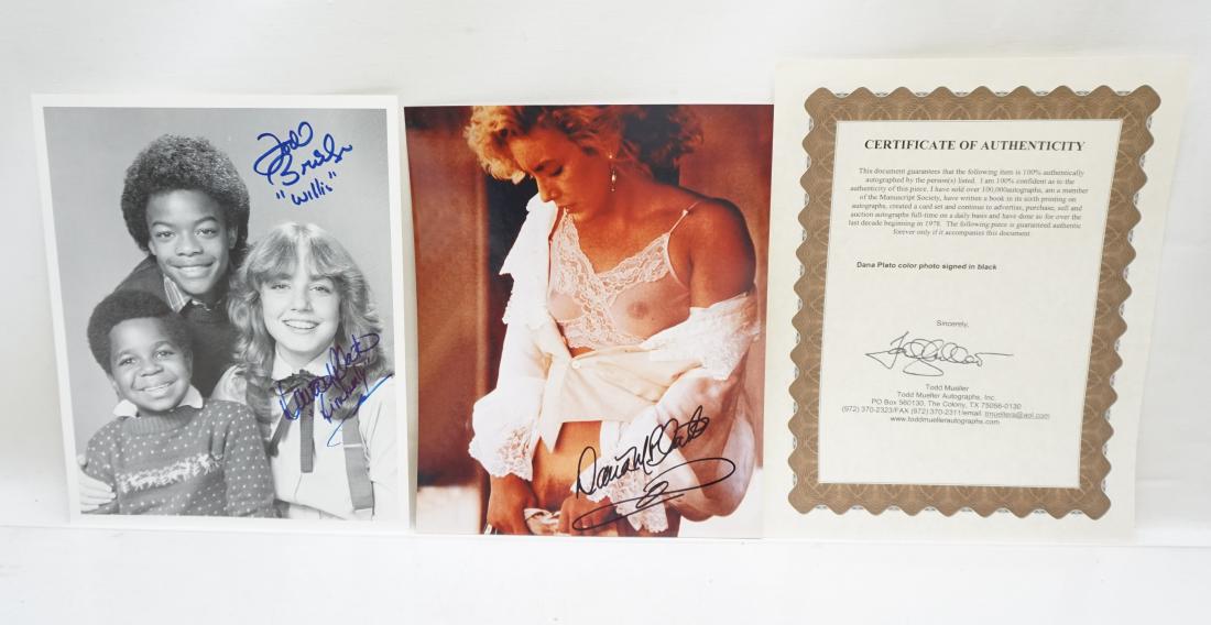 2 DANA PLATO (1964-1999) AUTOGRAPHED PHOTOS: 2 Autographed photo prints of Dana Plato (1964-1999). 1- 8" x 10" photo of the cast of Diff'rent Strokes, signed in blue felt tip Todd Bridges and Dana Plato. 2- Dana Plato semi nude Photo 8"x10 Autog