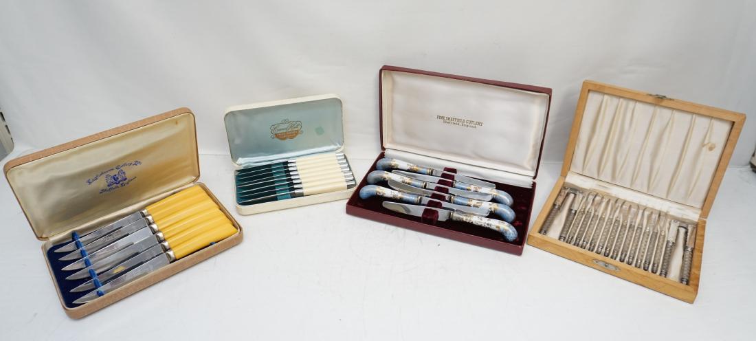 4 VINTAGE BOXED SETS CUTLERY: 1- Vintage Set of Carvel Hall Fruit Knives by Briddell in the Original Box with guarantee. Case 7"x4"x1 1/4". 2- Englishtown Cutlery Ltd. Sheffield England 6 Steak Knives with Bakelite Handles in Orig