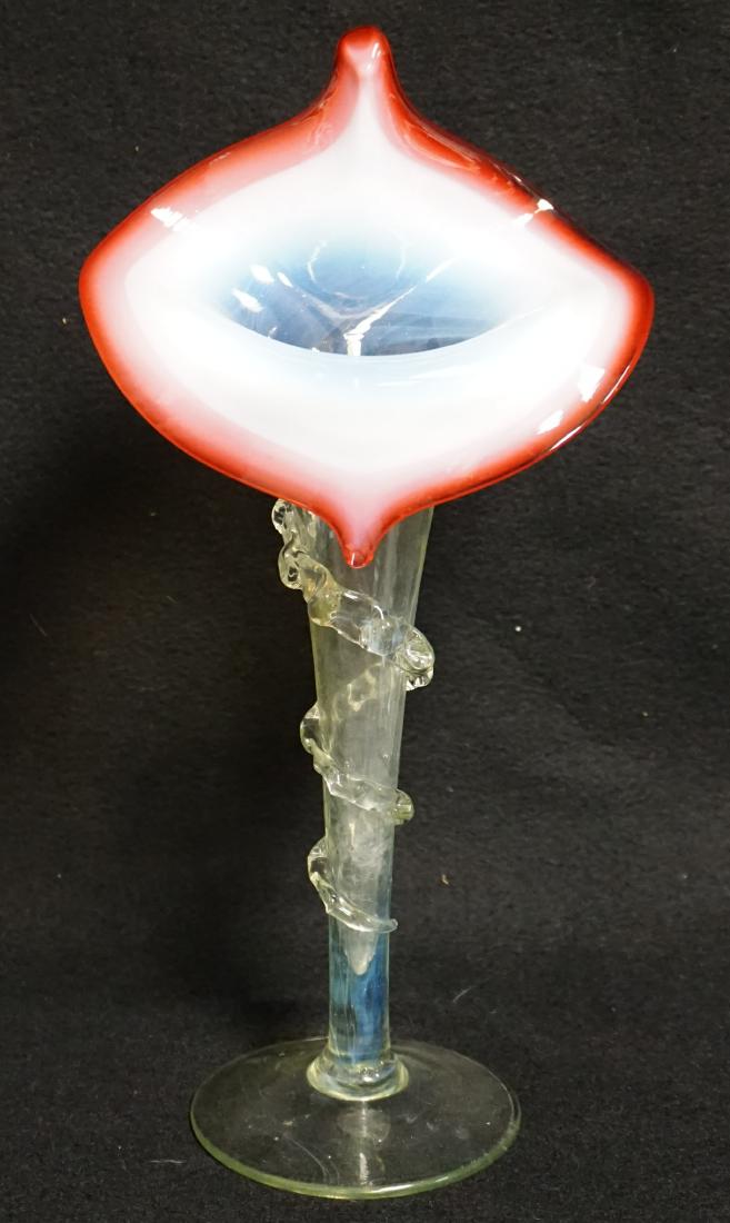 THOMAS WEBB CASED OPALESCENT CRANBERRY VASE: Victorian Era Cased Opalescent Cranberry Glass by Thomas Webb, Stourbridge, England. Circa 1880-1910. The outer edge of the opening lip is brilliant ruby red in color. That is followed by fading to a 