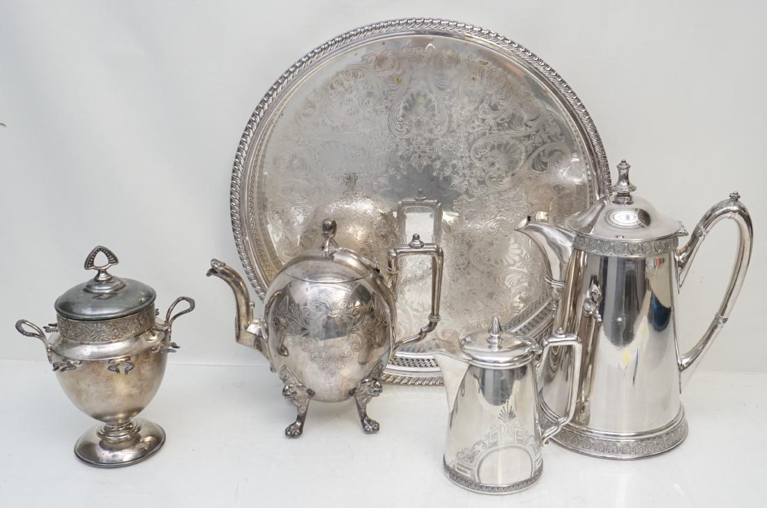 5 PC VICTORIAN SILVERPLATE GROUP: 5 Piece Various Silverplate Tea Service Pieces. William Rogers 15-inch Silver on Copper Round Gallery Serving Tray, Gadrooned Edge, Pierced Gallery and Center Floral Engraving, c. 1960. James W. Tuffs